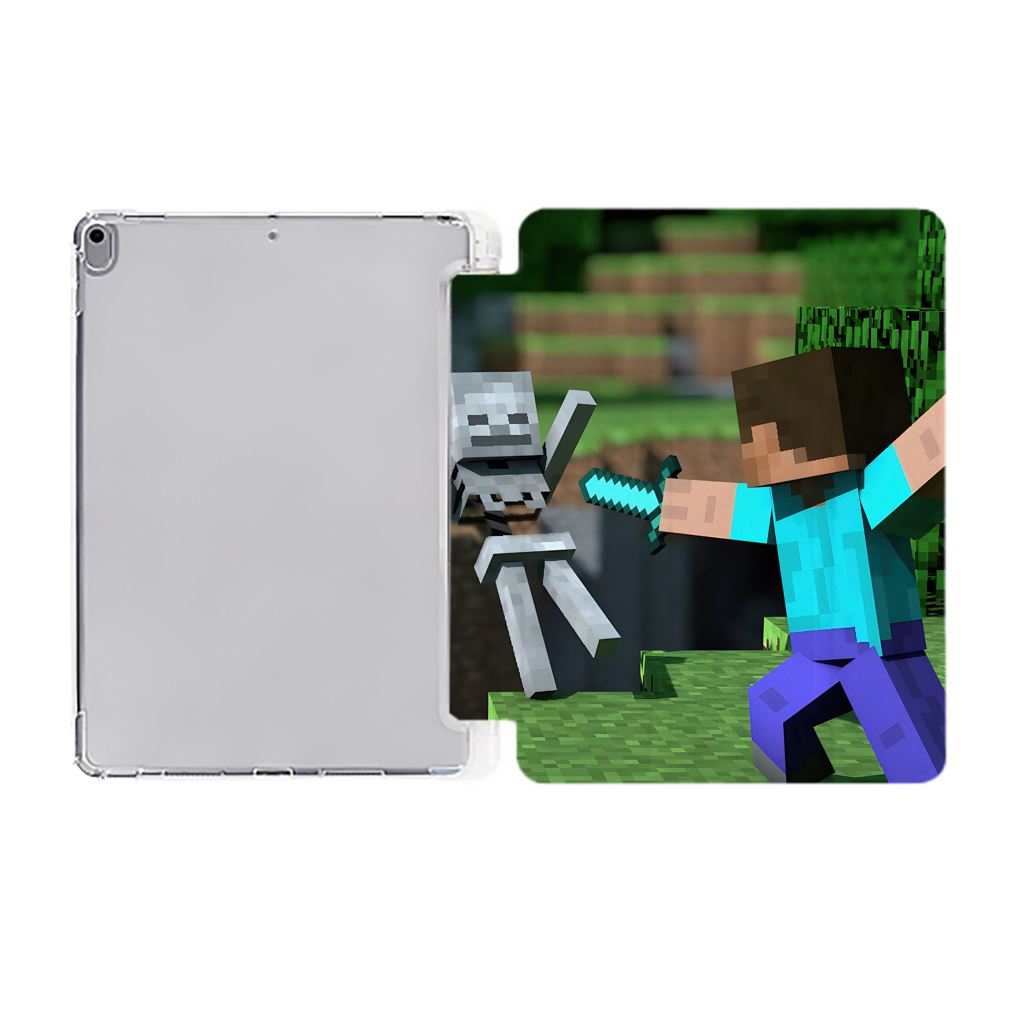 （画像用） マインクラフト ブロックの世界 Minecraft MC Block world IPad ケース ペン収納付き 三つ折りスタンド PUレザー×シリコン 対応機種9.5/10.5/10.9インチ